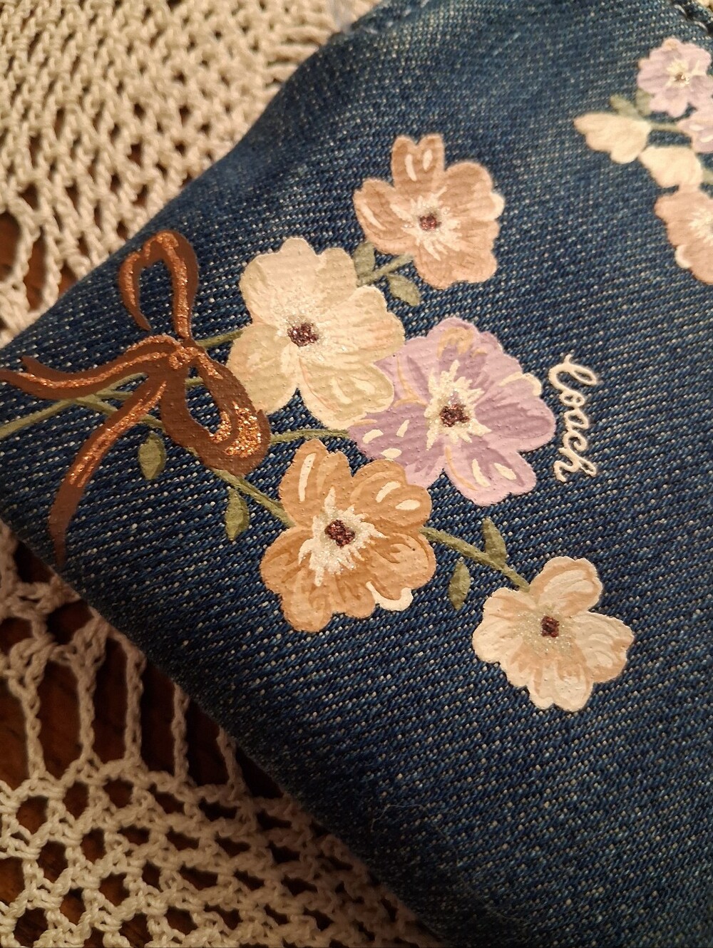 Coach Denim Floral Zip Wristlet - Blue with Pink & Tan Flowers - Picture 4 of 5